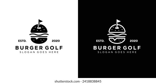 Logo de Creative Burger Golf. Sello de Hipster de Golf Burger and Flag. Plantilla de diseño de vectores con logotipo del restaurante Golf Burger.