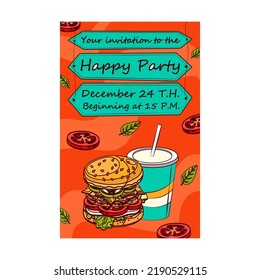 Creative Burger Party Invitation Design. Trendy Sandwich Festival Invitations With Yummy Food. Unhealthy Meal And Nutrition Concept. Template For Leaflet, Banner Or Flyer