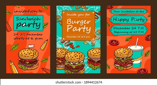 Diseños creativos para invitaciones a fiestas de hamburguesas. Invitaciones del festival de sándwich de moda con deliciosa comida. Concepto de alimentación y nutrición poco saludable. Plantilla para folleto, pancarta o folleto