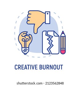 Creative burnout concept with thin line icons, thumbs down, broken lightbulb, torn paper list. Professional crisis, low activity. Vector illustration.