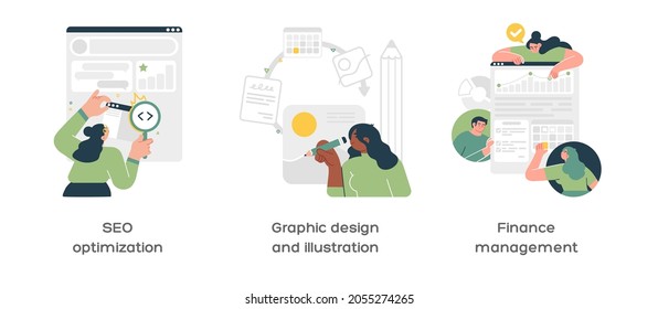 Creative business abstract concept vector illustration set. Seo optimization, Graphic design and illustration, Finance management abstract metaphor
