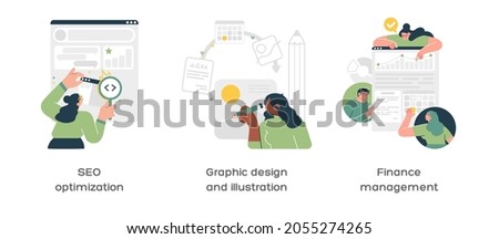 Creative business abstract concept vector illustration set. Seo optimization, Graphic design and illustration, Finance management abstract metaphor