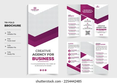 Creative business agency advertisement brochure design with dark magenta color. Marketing agency promotional poster and tri fold brochure design. Business tri fold brochure with a photo placeholder.