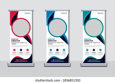 Creative business agency stands roll up banner design for your business. Roll-up template for exhibition, Corporate Business stand banner, editable roll up banner vector template.