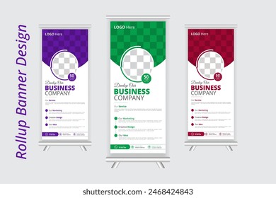 Agencia de negocios creativa se encuentra enrollar el diseño de Plantilla de diseño de Anuncio para la exposición con tres colores, Plantilla de Vector de Anuncio enrollable editable, soporte de exhibición enrollable de negocios para la presentación.