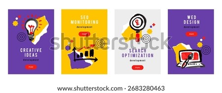 Creative business banner set with seo, optimization, web design, development, advertising, target, local marketing icons. Hand drawn sketch isolated vector illustration. Trendy collage
