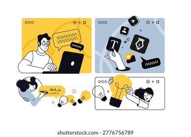 Creative business banners of big idea, graphic design, chatting. Vector illustrations for web banner, social media banner, business presentation, marketing material. 