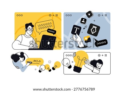 Creative business banners of big idea, graphic design, chatting. Vector illustrations for web banner, social media banner, business presentation, marketing material. 