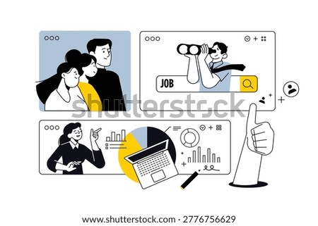 Creative business banners of job search, team, data analytics. Vector illustrations for web banner, social media banner, business presentation, marketing material. 