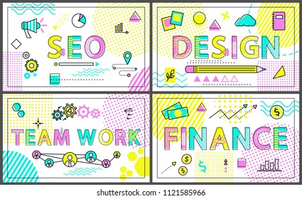 Creative business banners with linear decor icons. SEO promo, design elements, productive teamwork and finance poster flat vector illustrations set.