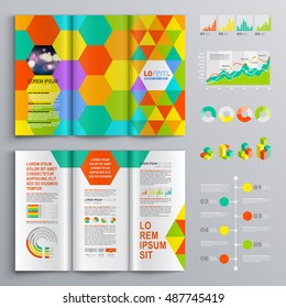 Creative business brochure template design with color geometric elements. Cover layout and infographics