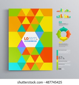 Creative business brochure template design with color geometric elements. Cover layout and infographics
