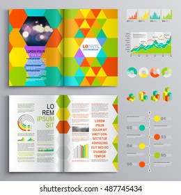Creative business brochure template design with color geometric elements. Cover layout and infographics