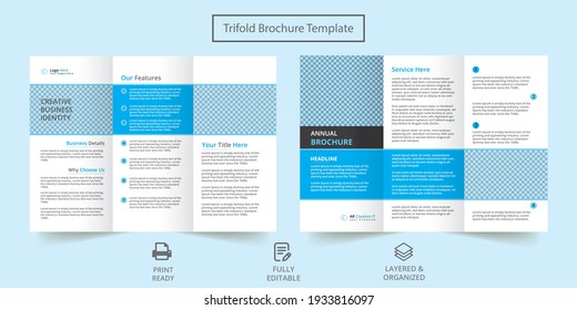 Plantilla de folleto comercial creativo en diseño triple de plegado. Folleto de diseño corporativo. Diseño de folletos, plantilla de folletos, tríplios creativos, folleto de tendencias.