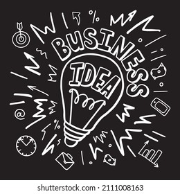 Creativa idea de bulbo de negocios en la pizarra. Nuevos conceptos de idea, innovación y solución. Generar ilustración de doodle vectorial de idea.