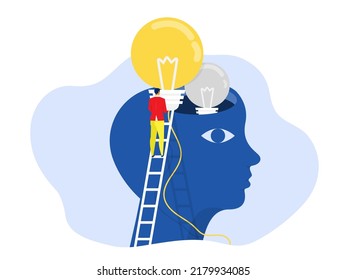 Creative Business, Businessman holding idea light bulb put  human head brain  Upskill, learn new things or knowledge development for new skill and improve job qualification concept vector illustrator