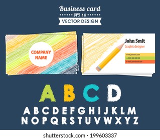 Creative business card with different design elements. Alphabet, pencil, pencil sketch, sketches, doodles. Vector illustration. Used for in web design, banners and design of corporate style