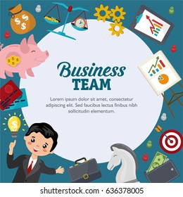 Creative business card. Different business objects. Businessman, money box, graph, creative idea. Frame with your text. 