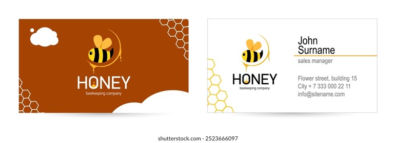Creative business card for the honey company. Bee logo and Modern bright design Business Card. Vector illustration .