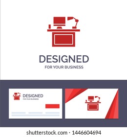 Creative Business Card and Logo template Computer, Desk, Desktop, Monitor, Office, Place, Table Vector Illustration