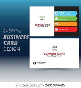 Creative business card, Personal visiting card with company logo, Vector illustration, Stationery design, Minimal Business Card layout with Blue, Green, Black and Red Accent.