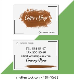 Creative business card set brush paint acrylic stroke vector. Two sides set business card. Coffee shop text.