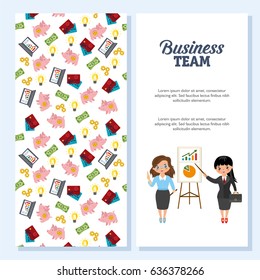 Creative business card set. Different office employees. Business woman shows a graph. Teamwork design concept with team business process strategy. Business pattern. Design with your text. 