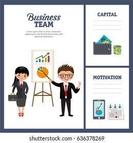 Creative business card set. Different office employees. Businessman shows a graph. Teamwork design concept with team business process strategy. Design with your text. 