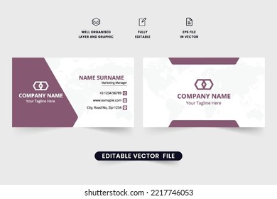 Creative Business Card Stationery Design With Purple Colors. Company Identity Card Design For Employees. Double-sided Horizontal Visiting Card Design For Personal Uses. Elegant Business Card Vector.