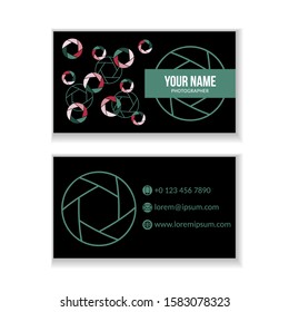 Creative business card temolate with diaphragm for a photographer in flat style. Vector illustration.