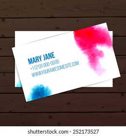 Creative business card template with artistic vector design. Abstract pink and blue watercolor splashes with grunge texture.