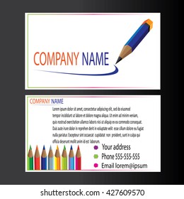 Creative business card template with colored pencils image. Flat design vector illustration
