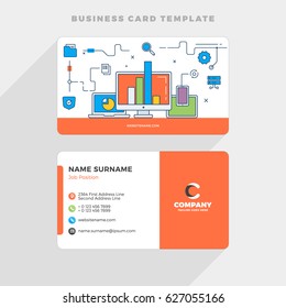 Creative Business Card Template with Flat Line Illustration. Network Analysis. Vector Illustration. Stationery Design