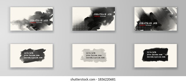 Creative business card templates with minimalistic design. Abstract black ink brush strokes. Vector Illustration.
