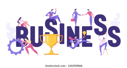 Creative Business Character Typography Banner Concept. Golden Prize with Business People Characters Man Woman with Gear for Web, Presentation, Flyer, Poster. Vector Flat Cartoon Illustration