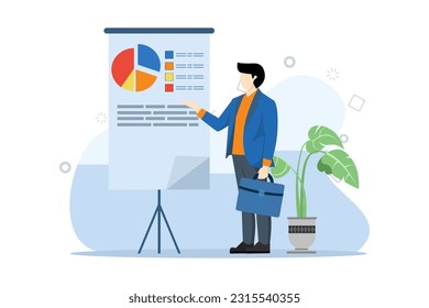 Creative business concept. Confident young man standing near flip chart and pointing at charts and diagrams. Office interiors. Modern vector illustration. Flat design on white background.