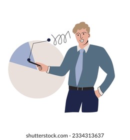 Concepto creativo de negocio. Joven confiado parado cerca del rotafolios y apuntando a gráficos y diagramas. 