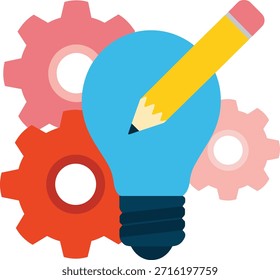 Concepto de negocio creativo con ruedas dentadas y bombilla con ideas de dibujo a lápiz, lluvia de ideas de negocios e innovación de soluciones.