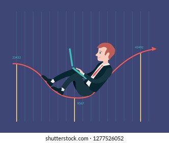 Creative business concept illustration contains a businessman working on laptop. by laying down an infographic currency chart. The businessman is wearing corporate uniform in flat side view layout