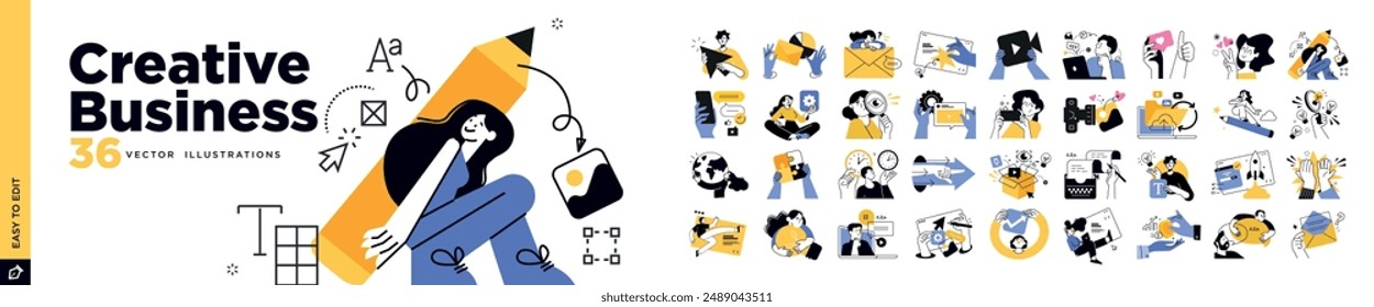 Creative business concept illustrations. Vector illustrations of business idea launch, creativity and innovation, social network, graphic and web design, advertising, content management, communication