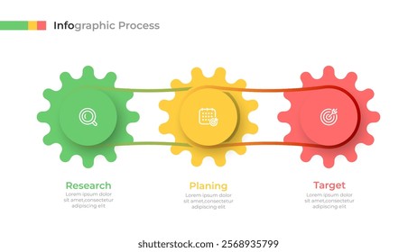 Creative Business Concept. Infographic design elements with gears and 3 steps process flow diagram with gear symbols. Vector illustration.