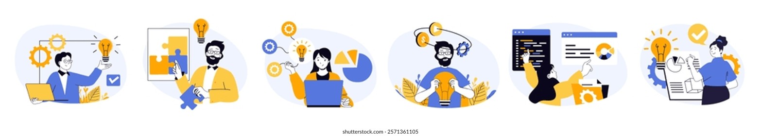 Creative business concept set in flat web design. Collection with people thinking, finding solutions, brainstorming and researching for company development. Vector illustrations on white background.