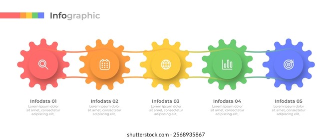 Creative Business Concept. Timeline infographic design elements with gears and 5 steps process flow diagram with gear symbols. Vector illustration.