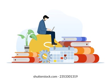 Creative business design thinking idea concept. Businessman flat vector cartoon character design sitting on light bulb working with laptop. innovation and get ideas. Flat vector illustration.