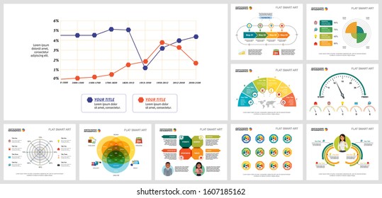 Creative business diagram set for presentation slide template, workflow layout, web design. Production, risk management concept. Line, process, radar, venn, option, speedometer charts