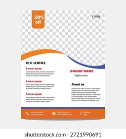 Plantilla de volante de negocios creativos para publicidad moderna de la empresa.
Una Plantilla creativa de folletos de negocios diseñada para la Asistencia de campañas publicitarias y promocionales modernas de la empresa. El diseño combina una tipografía atrevida con un diseño estructurado para resaltar la información comercial importante. Ideal para servicios de marketing, anunciar ofertas o promocionar eventos. Adecuado para volantes impresos, anuncios digitales y publicaciones en redes sociales. Los Elementos personalizables permiten una marca fácil y Actualizar de contenido. Perfecto para empresas que buscan una herramienta de promoción profesional pero visualmente atractiva.

Un diseño de Plantilla de volante de marketing versátil que presenta un marcador de posición prominente para una Imagen o elemento gráfico en la esquina superior izquierda resaltado por una insignia de promoción de 20 off de color naranja vibrante colocada sobre un área transparente a cuadros ideal para la personalización visual complementada con Elementos de diseño Sobre nosotros estilizados en forma de onda naranja y azul que se extienden elegantemente por todo el diseño separando las secciones de contenido distintivo para Nuestro Servicio y Nombre de Marca con el eslogan que lo acompaña y una narrativa que proporciona un amplio espacio para información comercial detallada y detalles de contacto, incluida la Dirección de correo electrónico y Sitio web de Números de teléfono con un ícono de pin de ubicación que indica una Dirección en la sección inferior de la página que crea una presentación moderna y profesional con fines publicitarios y promocionales que ofrecen un lienzo limpio y adaptable para diversas necesidades y campañas diseñadas para atraer atención y transmitir contenido promocional de manera efectiva.