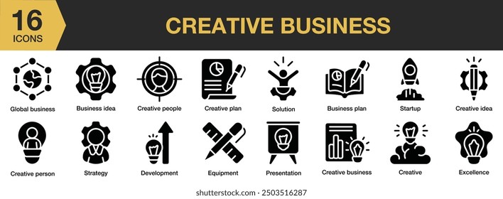 Creative Business Glyph icon set. Includes business ides, creative person, development, solution, startup, and More. Solid icons vector collection.