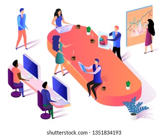 Creative Business Group Teamwork on White Background. Corporate People Moving in Office, Sitting on Workplace, Colleagues Employees Communicating. Dream Team 3D Isometric Vector Illustration.