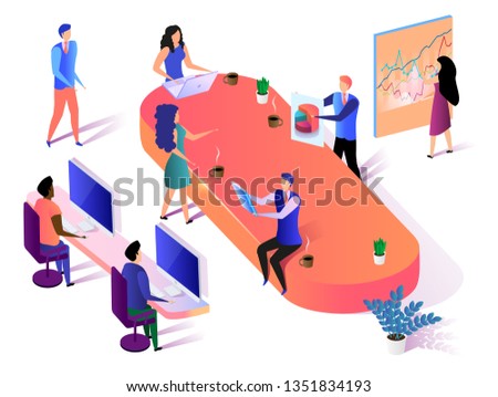 Creative Business Group Teamwork on White Background. Corporate People Moving in Office, Sitting on Workplace, Colleagues Employees Communicating. Dream Team 3D Isometric Vector Illustration.