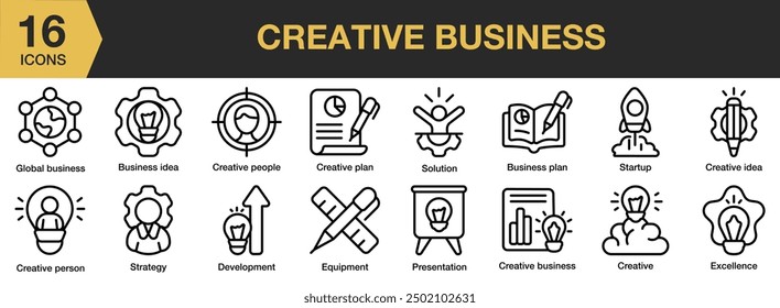 Conjunto de iconos de negocios creativos. Incluye ideas de negocio, persona creativa, desarrollo, solución, inicio y más. Colección de Vector de iconos de contorno.